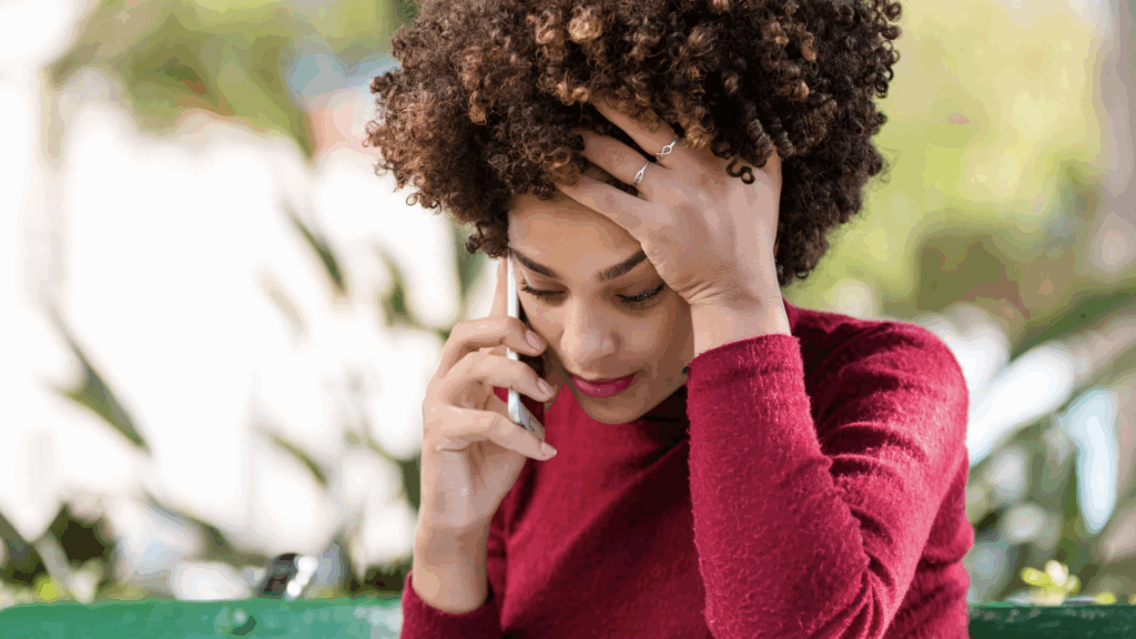 Woman upset on the phone about a delayed or denied online life insurance claim, struggling to reach support.
