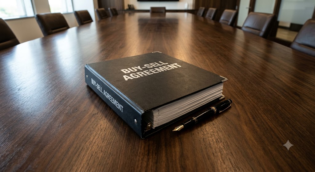A buy-sell agreement dossier and a premium fountain pen on a dark wood conference table, representing Los Angeles corporate succession planning.