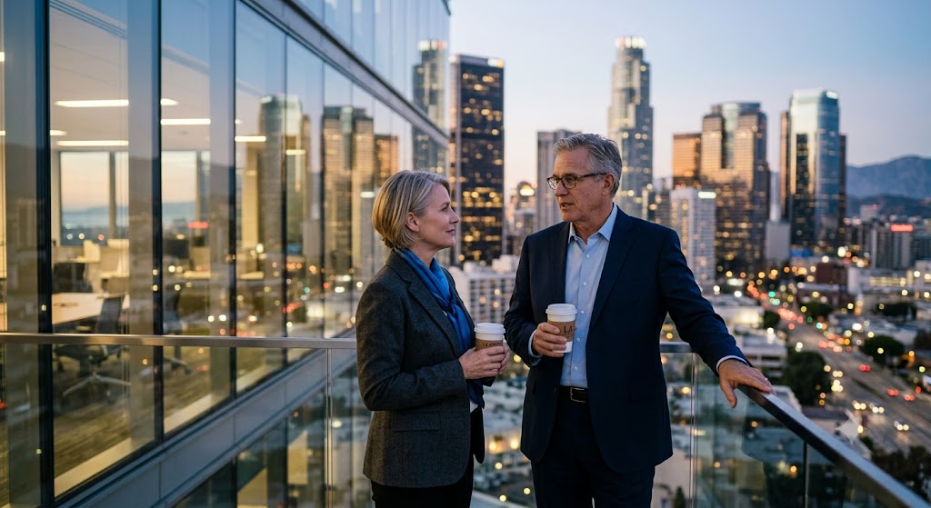 Two business partners conversing on a Los Angeles high-rise balcony, representing corporate stability and strategic business succession planning.