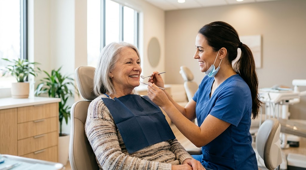 Woman receiving preventive dental care as part of protecting her long-term health and quality of life. Dental and Vision Coverage matters