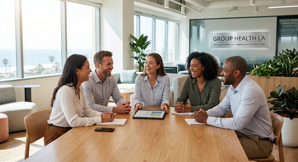 A vibrant, brightly lit photograph captured inside a contemporary corporate workspace located in Torrance, CA, featuring expansive coastal windows. The same collaborative, diverse team of five professionals is shown interacting happily around a modern timber table. They are looking at a shared digital tablet displaying colored plan options. The key change: Mounted subtly but clearly on the wall just behind the group is a clean, architectural-grade brushed steel sign that reads: Group Health LA
