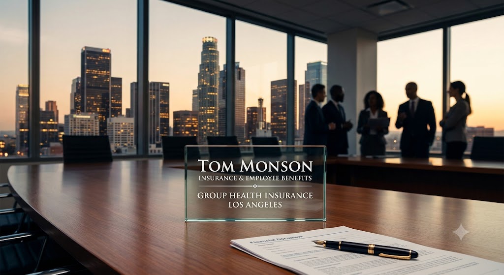 Group Health LA A crisp, cinematic photograph set inside a high-end, contemporary boardroom at dusk. In the background, visible through massive floor-to-ceiling windows, is the iconic, glowing Los Angeles skyline (the U.S. Bank Tower and Wilshire Grand). The focus, however, is on the foreground.