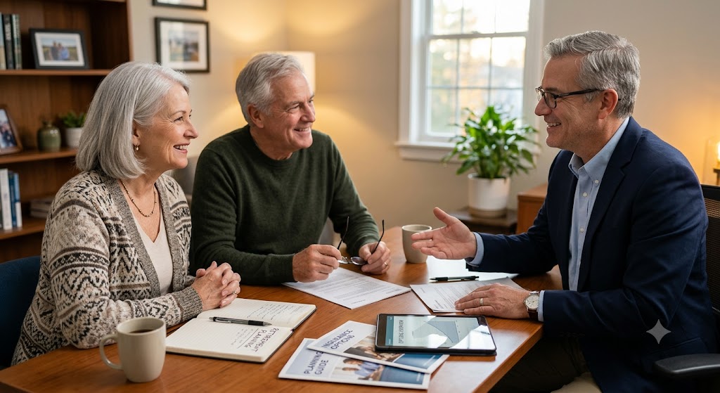 Retired couple discussing Guaranteed Income Annuities  options with an insurance professional