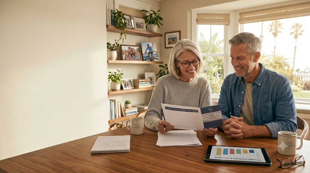 Adult daughter spending time with her older parents, representing long-term care planning and protecting family relationships. Long-term care planning