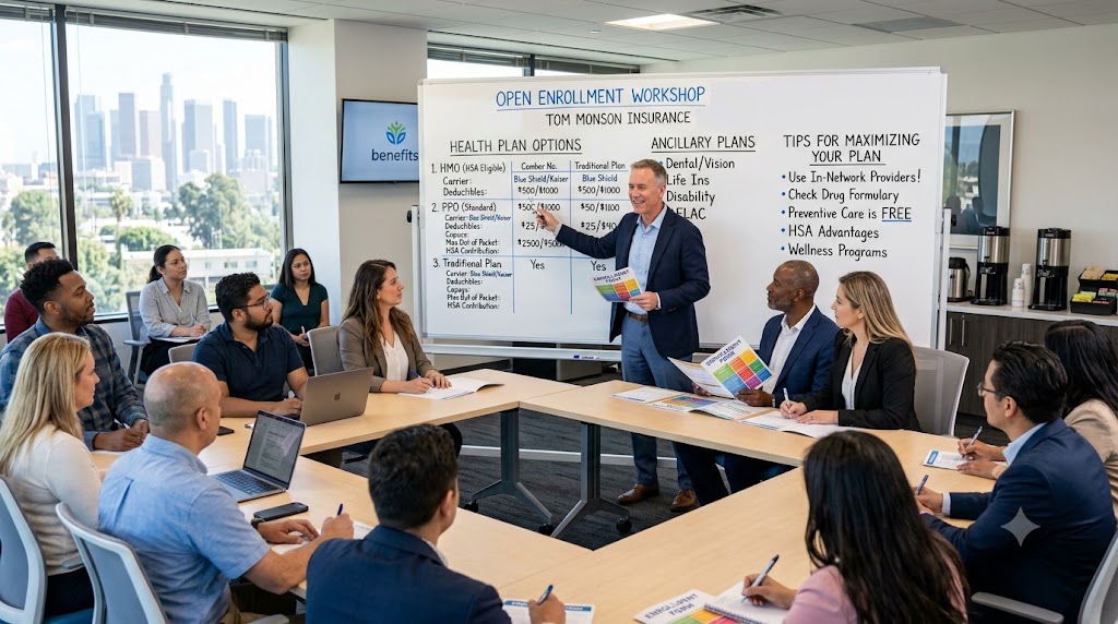 Los Angeles Employee Benefits Someone explaining the benefit choices to the employees of a small group. 