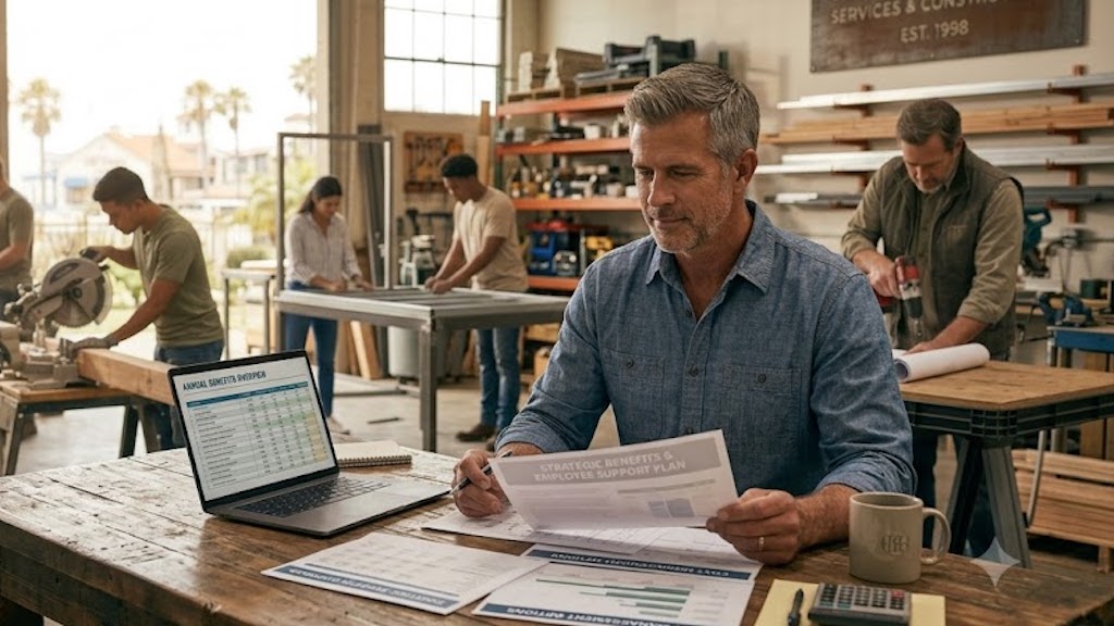 Business owner reviewing employee benefits options to reduce health benefit costs.