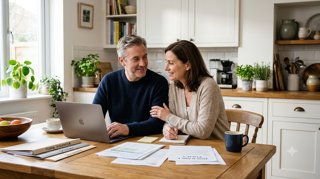 Couple reviewing finances and supplemental health coverage options at home to prepare for unexpected medical expenses.