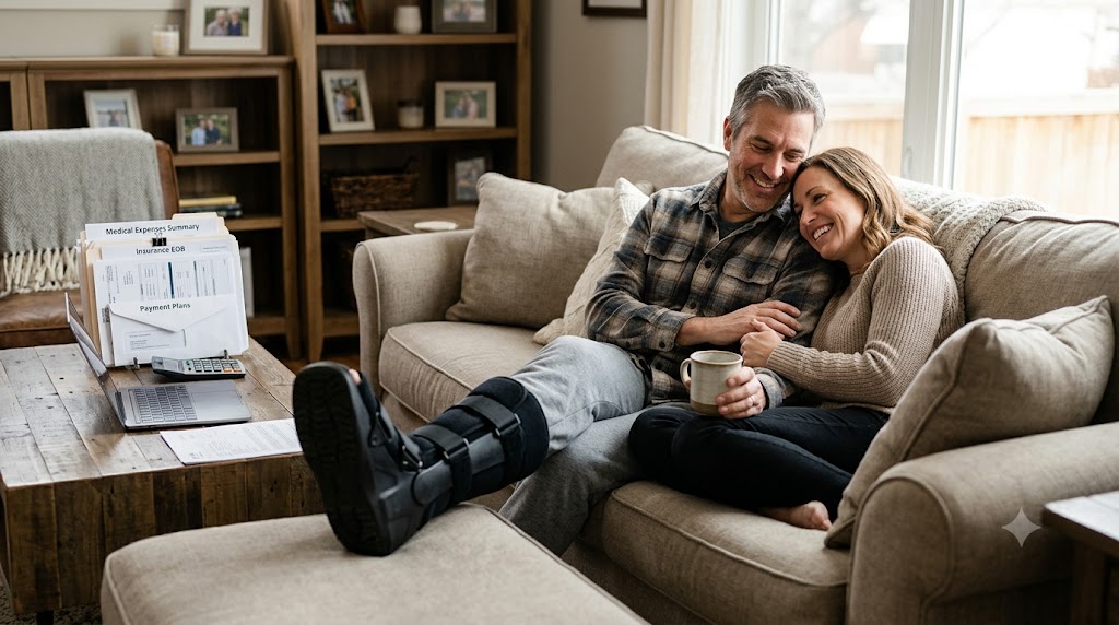 Family recovering from an injury with supplemental health coverage helping reduce unexpected out-of-pocket costs.