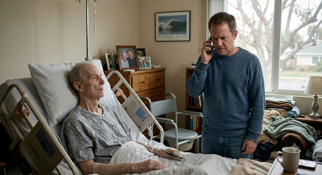 Online Life Insurance is Convenient… Until It Isn’t Middle-aged son on the phone looking frustrated while his terminally ill father lies in bed at home.